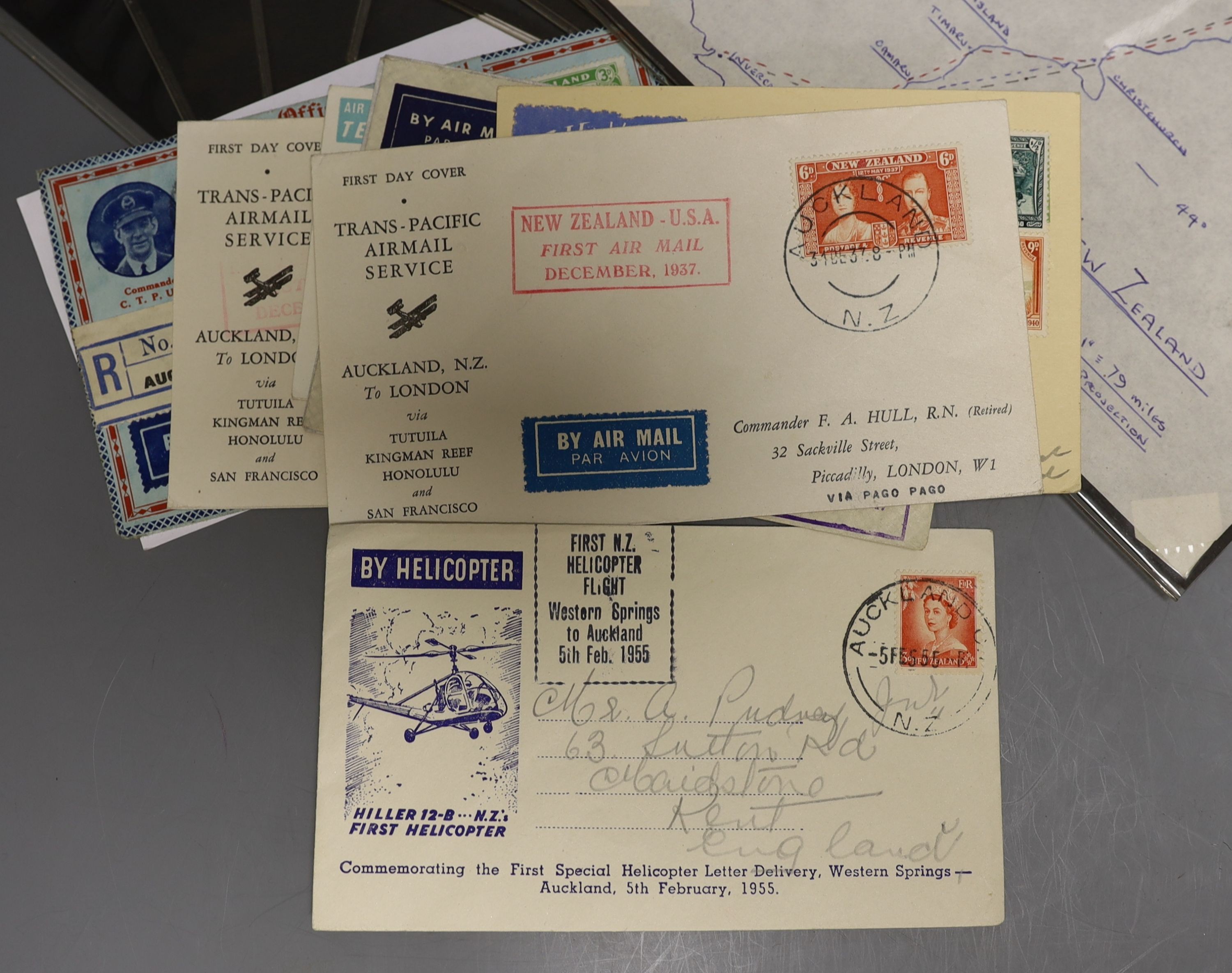 New Zealand Air Mail covers on display sheets mostly 1930's with flights within N.Z., to Australia and to UK